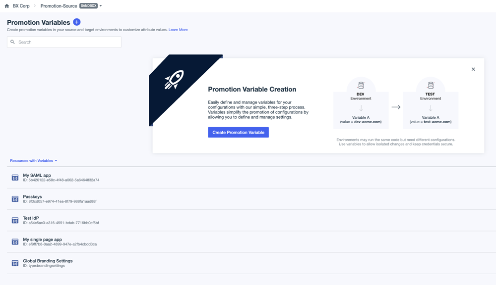 A screen capture showing the Promotion Variables page with Test IdP added to the Resources with Variables list.