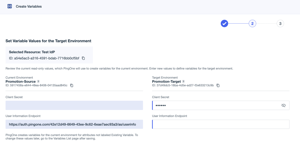 A screen capture of the second page of the Create Variables workflow showing the empty Client Secret field in the source environment section and placeholder characters in the target environment section.