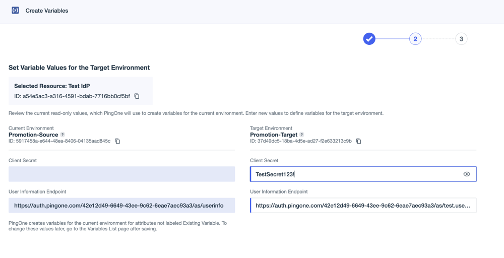 A screen capture of the second page of the Create Variables workflow showing the empty Client Secret field in the source environment, the source environment value for the User Information Endpoint, and the new values for both in the target environment on the right.