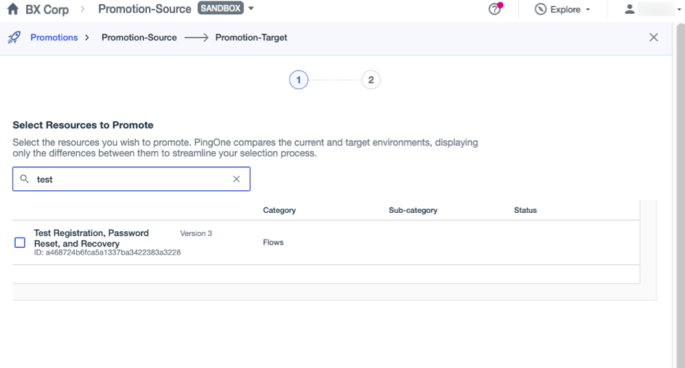 A screenshot of the Select Resources to Promote page showing the Test Registration, Password Reset, and Recovery flow.