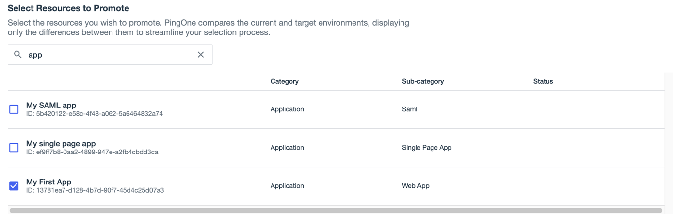 A screenshot of the Select Resources to Promote page with app in the search bar and My First App selected.