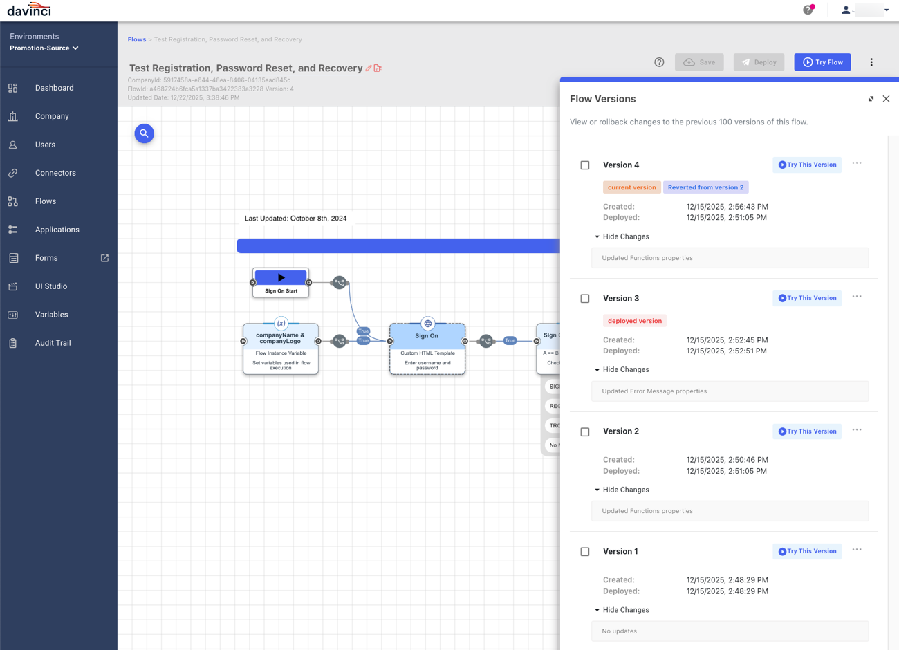 A screenshot of the Test Registration, Password Reset, and Recovery flow in the Promotion-Source environment showing that there are four versions of the flow and Version 3 is the deployed version.