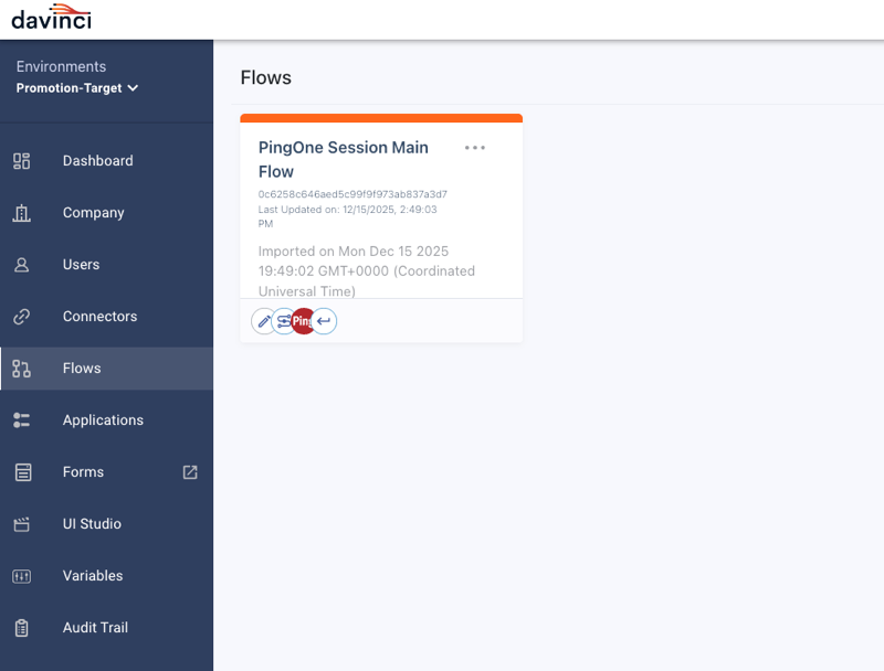 A screenshot of the Promotion-Target environment showing that there are no versions of the Test Registration, Password Reset, and Recovery flow.