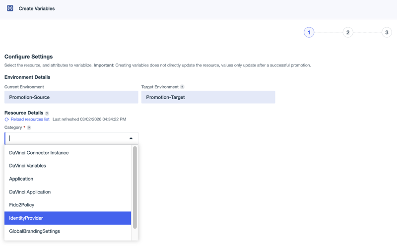A screen capture of the first page of the Create Variables workflow with the Category list expanded.