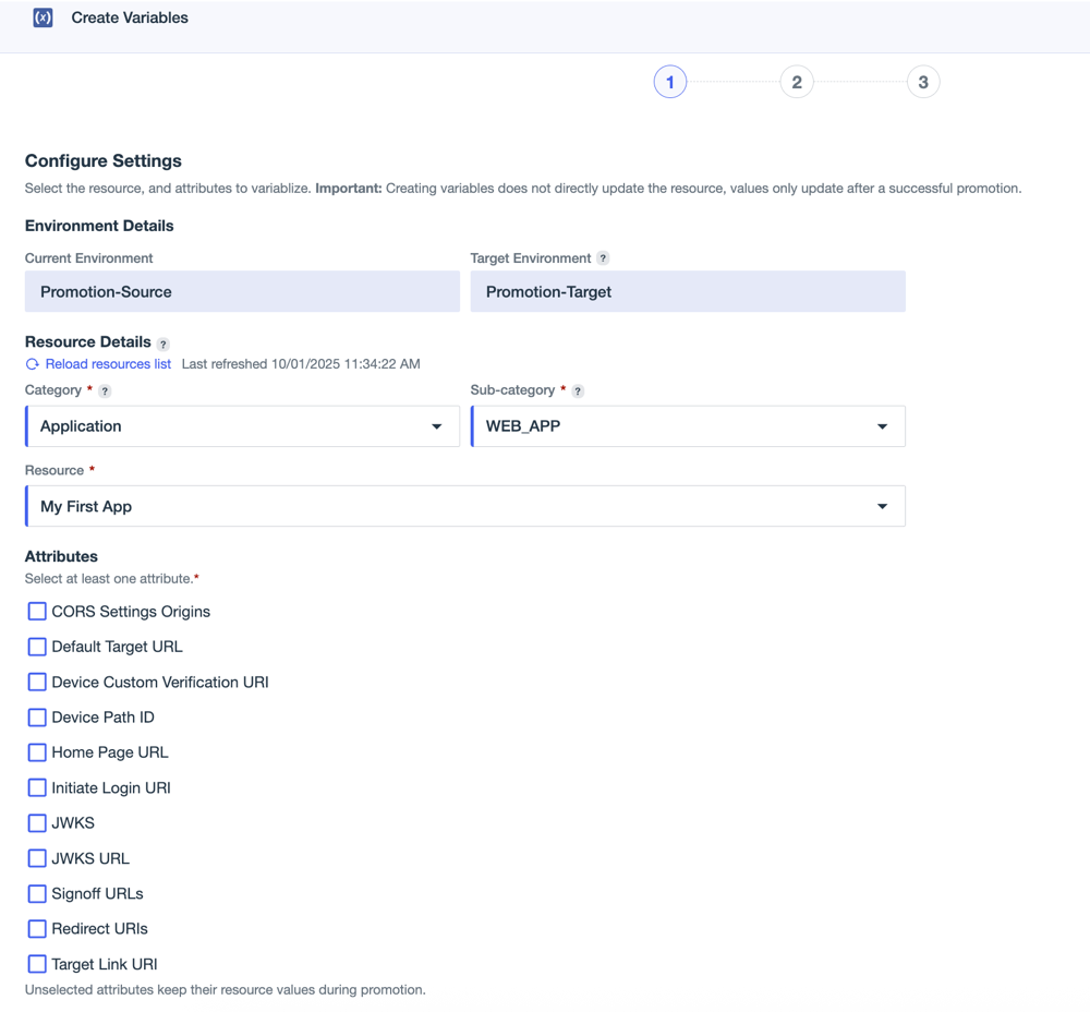 A screen capture of the Create Variables workflow showing Application in the Category field, WEB-APP in the Sub-category field, and My First App in the Resource field.
