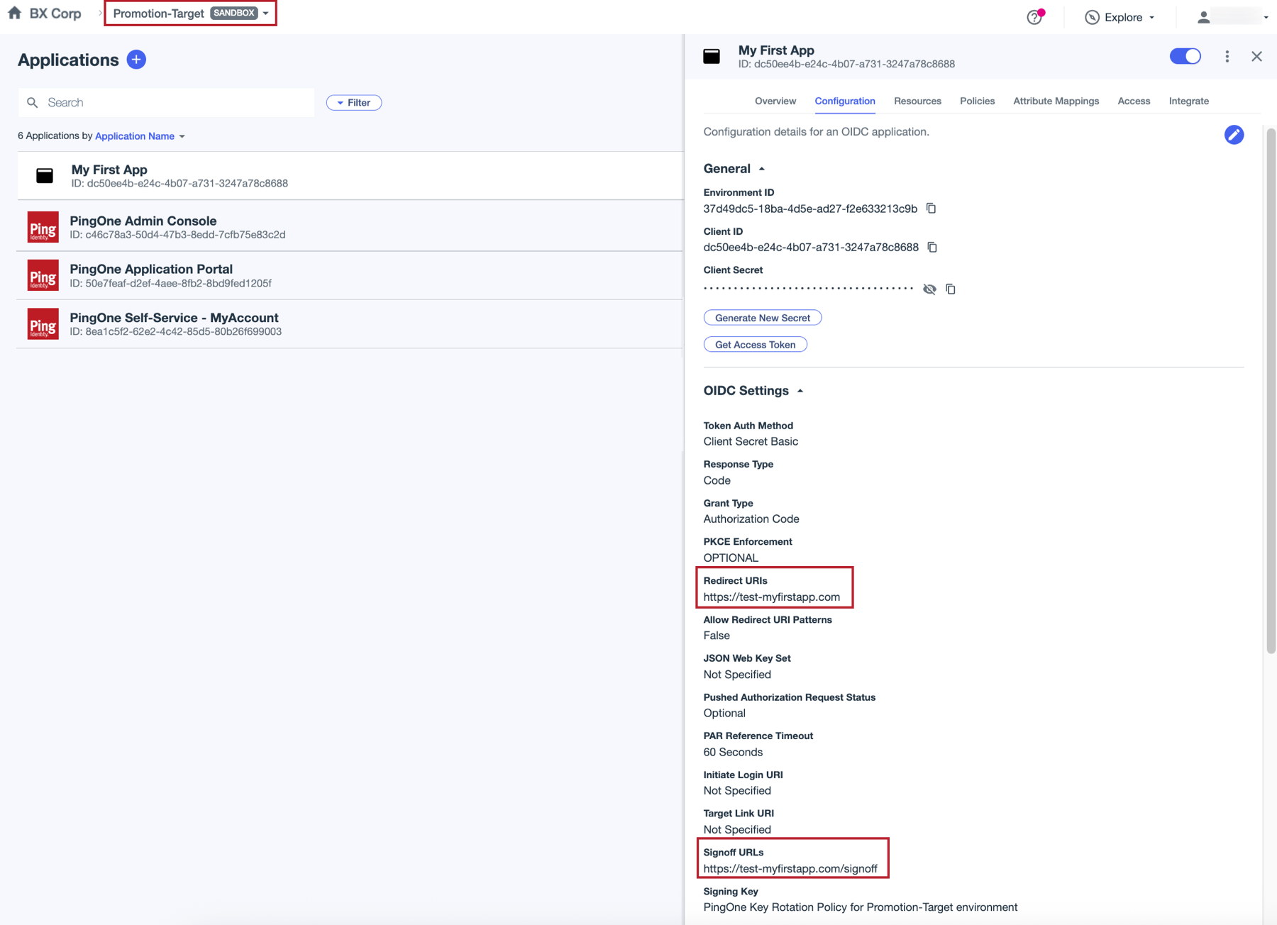 A screenshot of the details panel for the My First app application in the target environment
