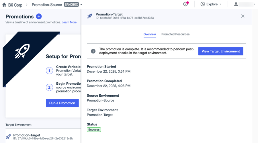 A screenshot of the Overview tab for the initial promotion of the Test Registration, Password Reset, and Recovery flow.