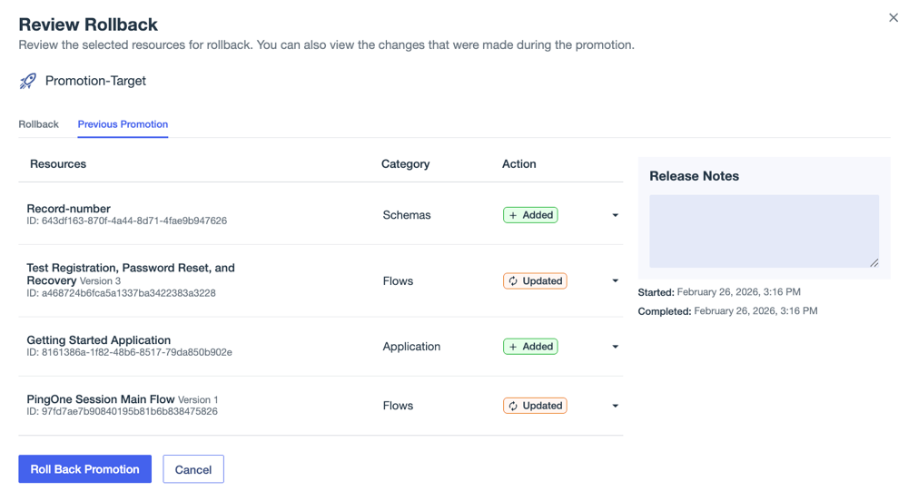 A screen capture of the Review Rollback page showing the Previous Promotion tab with details about the promotion that is being rolled back.