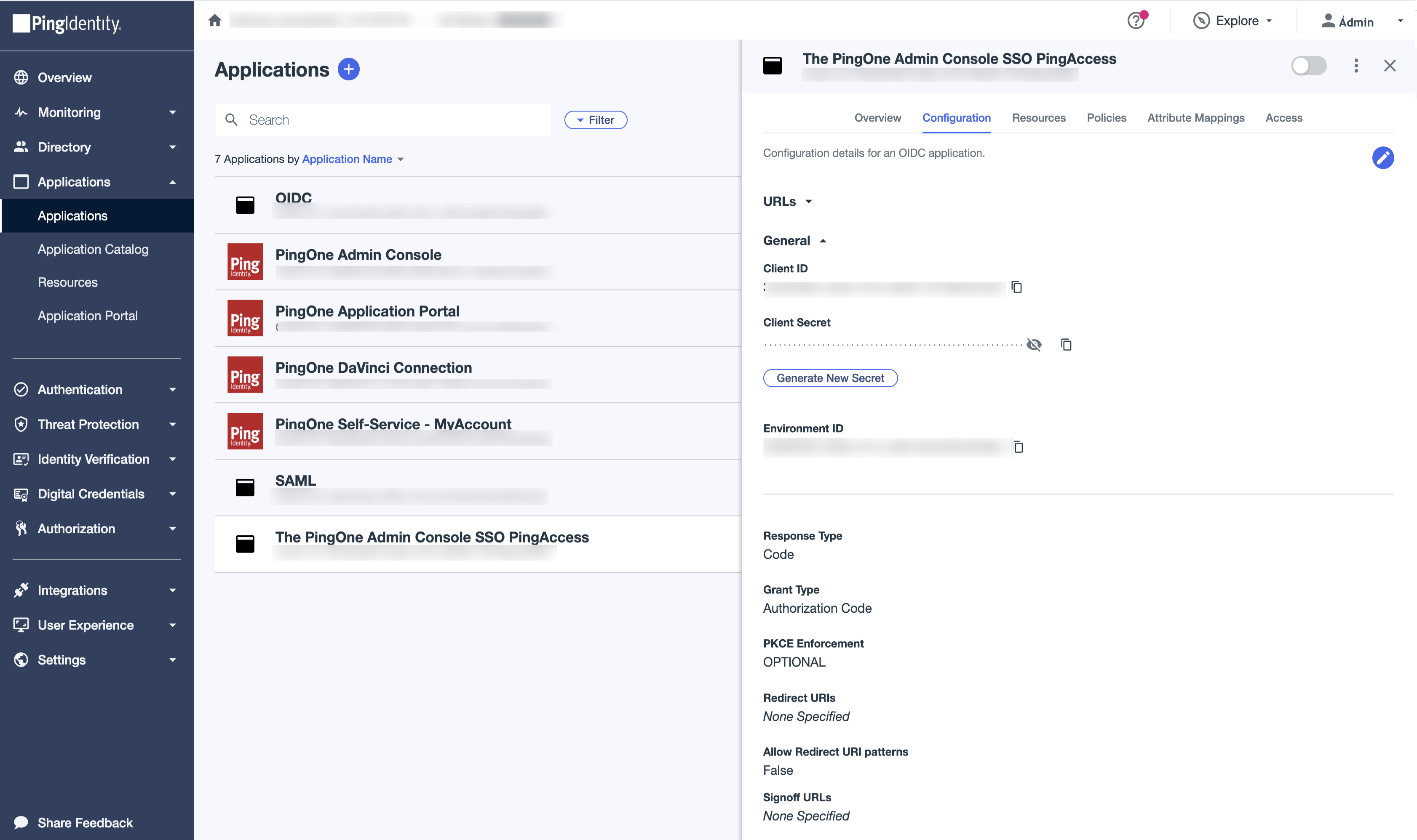 A screen capture of the Configurations page, which displays configuration information for an application.