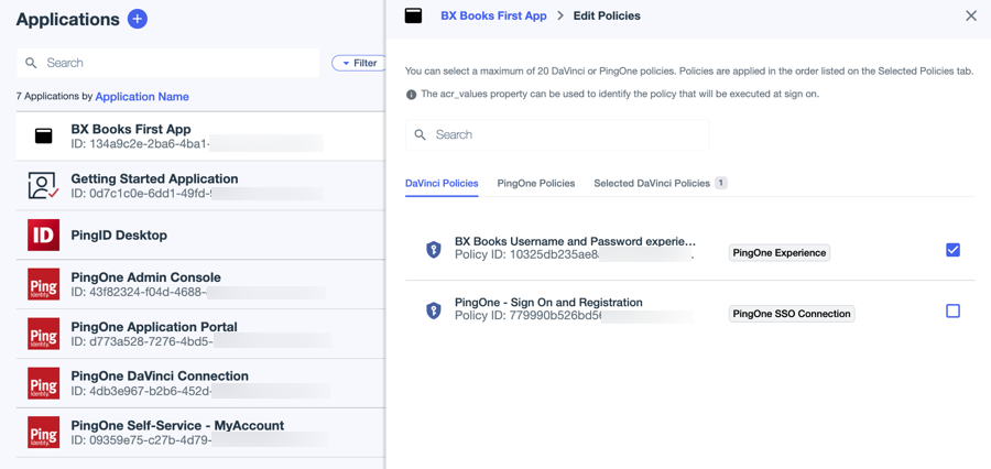 A screenshot showing the DaVinci Policies tab for an application with one policy labeled as a PingOne Experience.