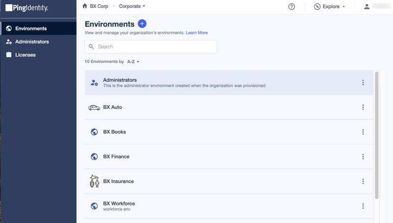 A screen capture of the Environments page, listing the environments you have access to in your organization.