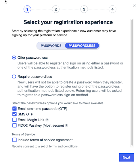 PingOne Trials registration experience - passwordless option selected