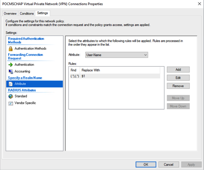 Connections Properties showing the Settings tab and the custom separator rule