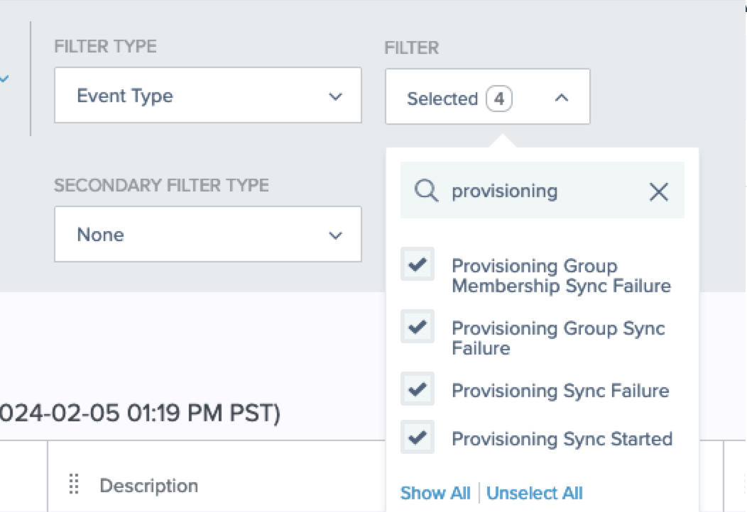 Screen capture of event type for provisioning.