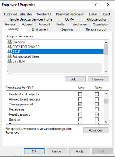 A screen capture of the Properties menu, Security tab with the SELF group selected, Change password set to Allow, and Reset password set to Deny.