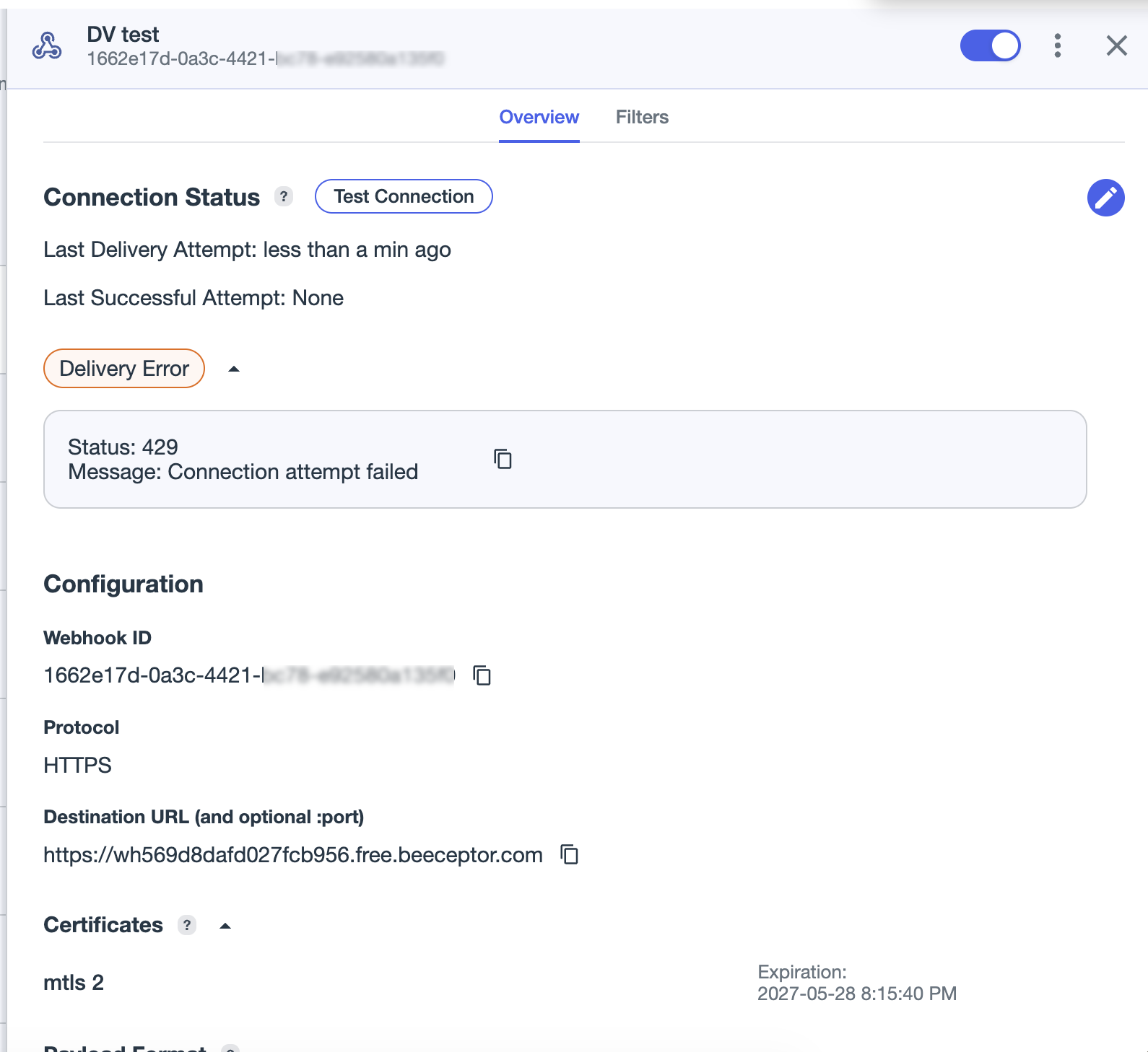 screenshot of a webhooks connection failure"