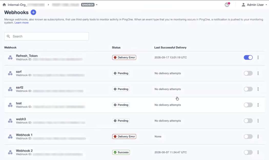 Screenshot of the webhook delivery status columns