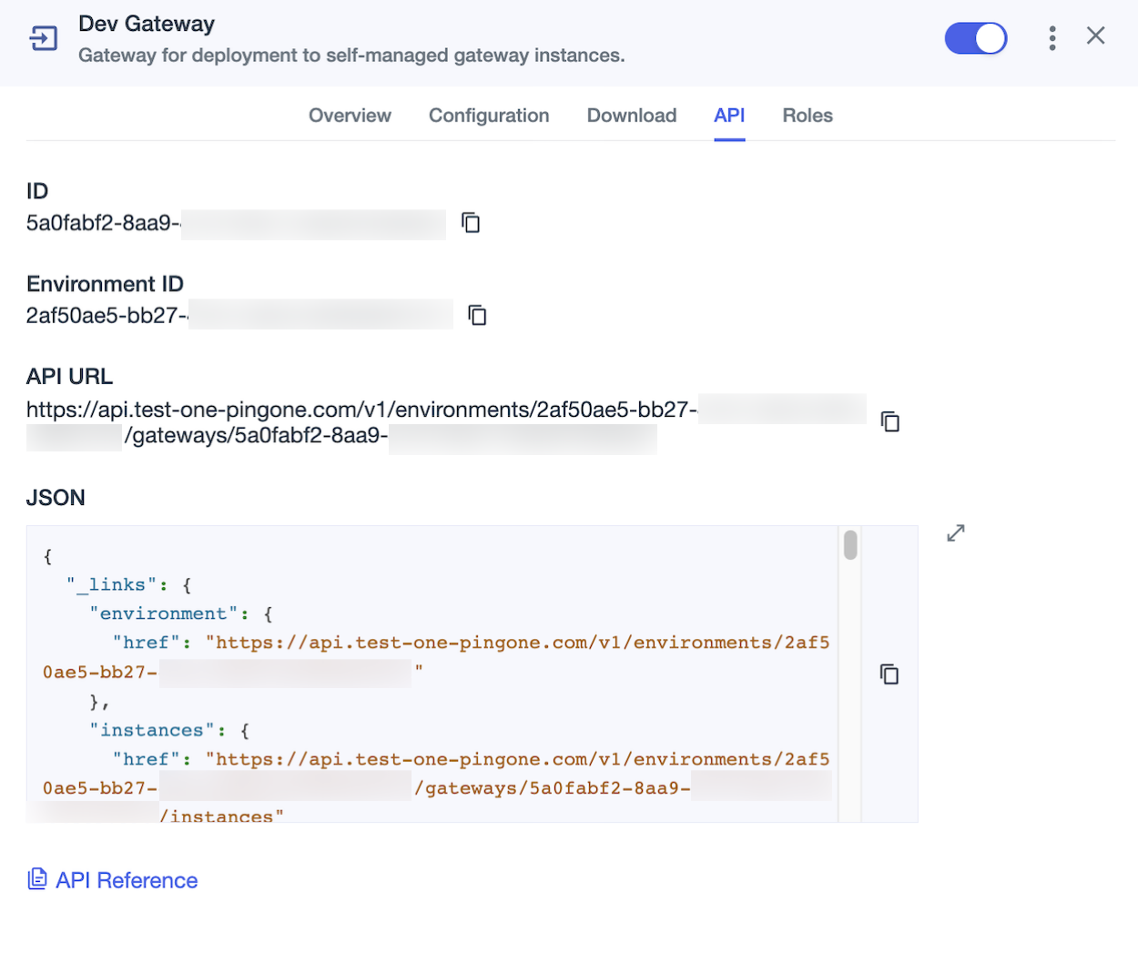 A screen capture of the gateway API tab showing the gateway ID, environment ID, API URL, and links to the associated environment and gateway instances.