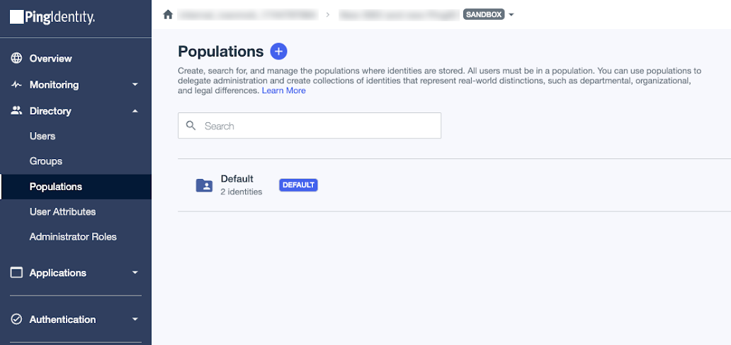 A screen capture of the Populations page with one Default environment that has two identities.