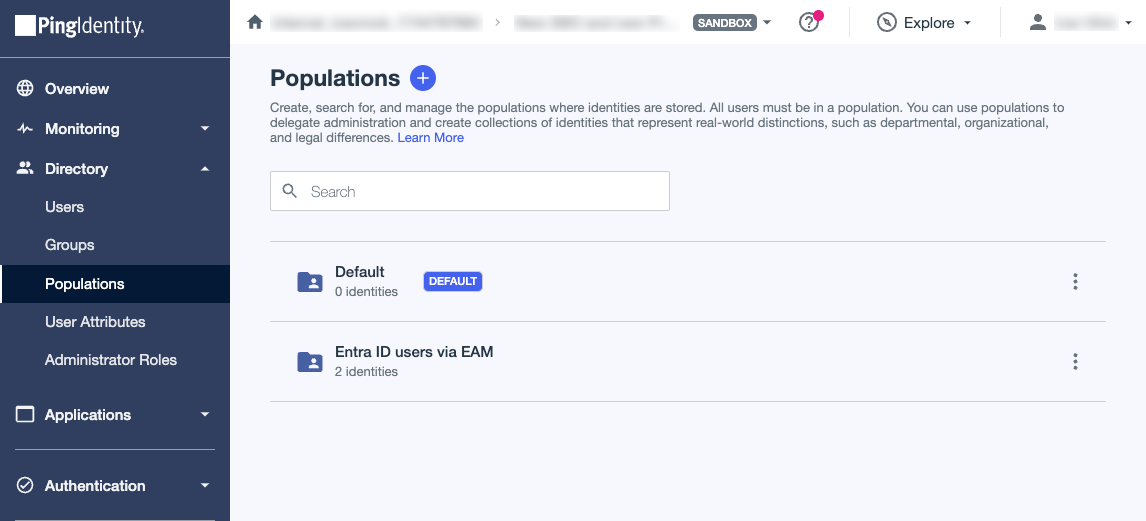 A screen capture of the Populations page with a Default and Entra ID population.