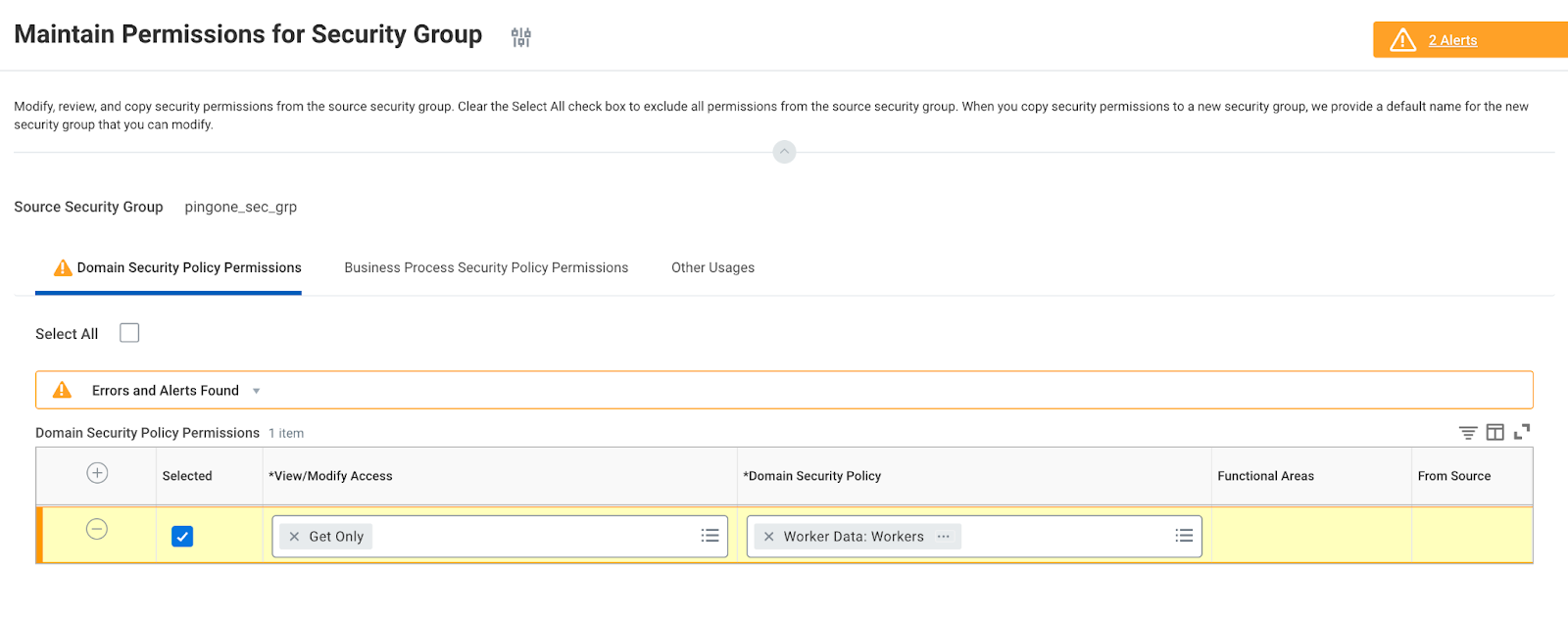 A screen capture of the Workday Maintain Permissions for Security Group screen