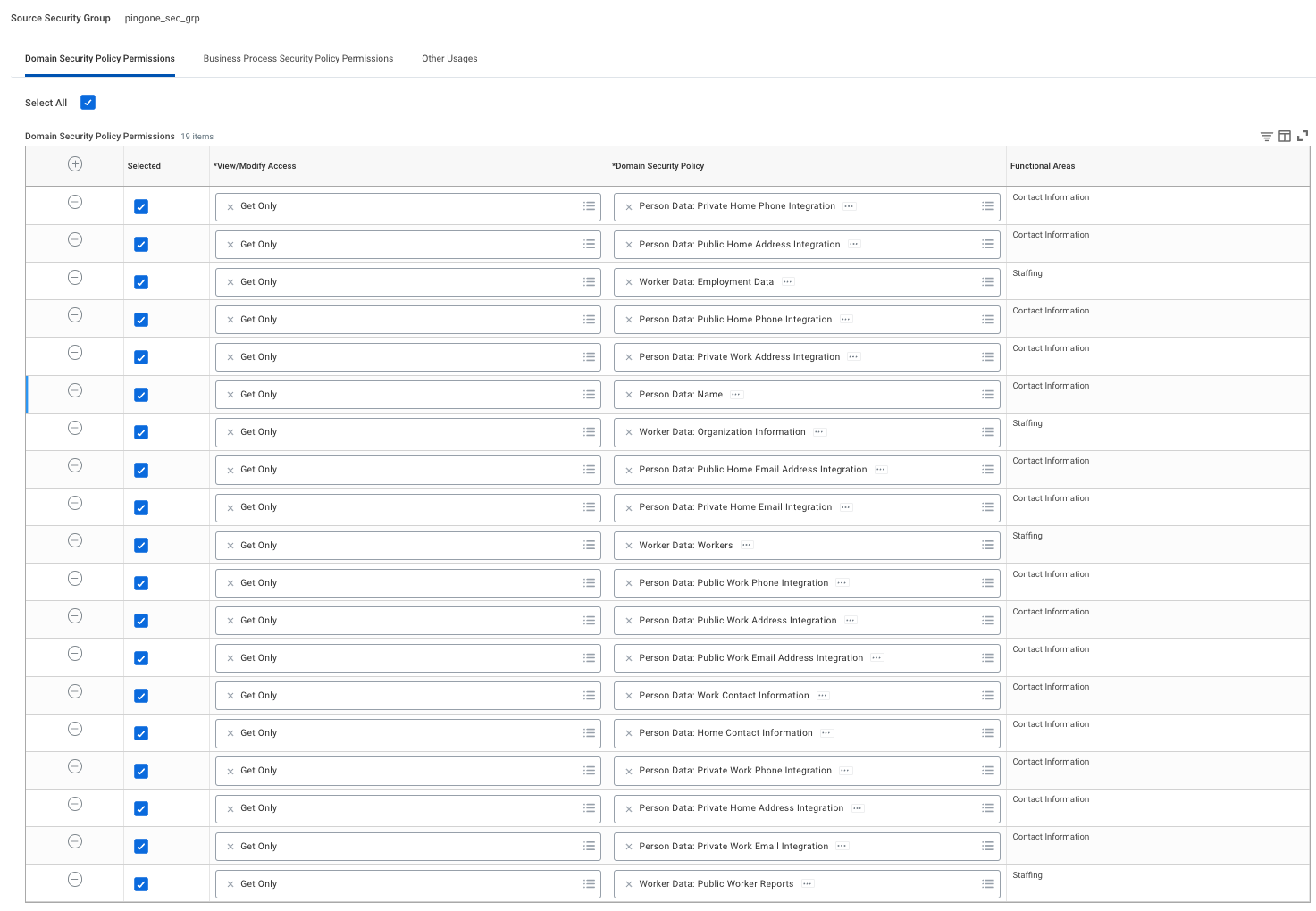 A screen capture of the Workday Source Security Group screen