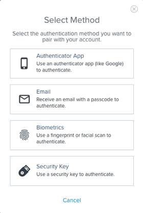 Select method window showing a list of available authentication methods.