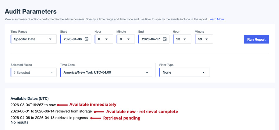 A screen capture of the Audit Parameters section with a message indicating that data retrieval is in progress.