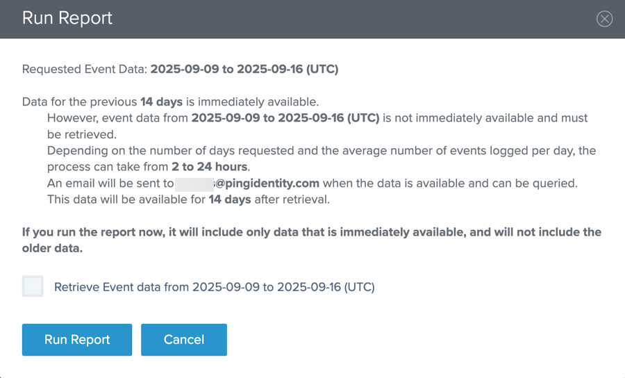 A sample of the Run Report modal when all requested dates require retrieval