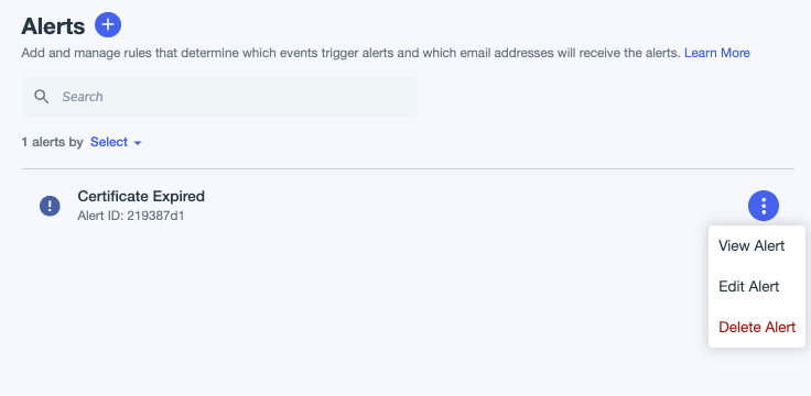 The alert options list is expanded and shows options for viewing, editing, and deleting the alert, with the Delete Alert option selected.