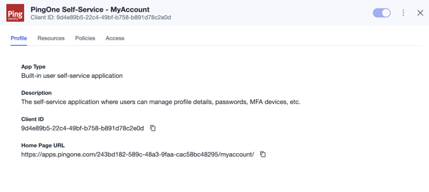 A screen capture of the PingOne Self-Service application Profile tab.