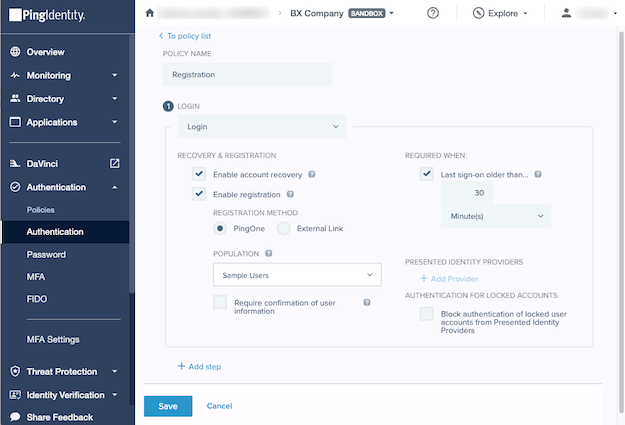 A screenshot of the Authentication Policy for the Registration Application in PingOne.