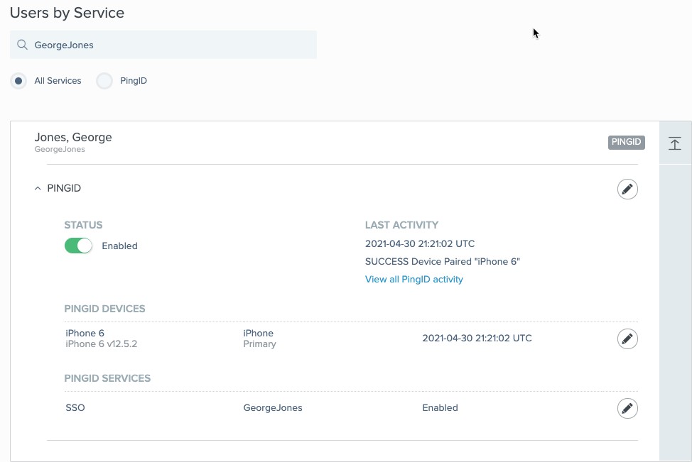 Screen capture of the Users by Service window showing activity, devices, and services for the selected user