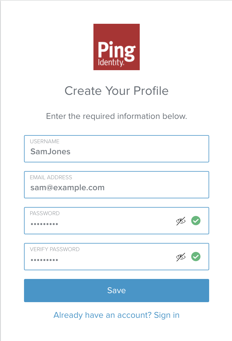 A screen capture of the Create Your Profile screen for Sam Jones in PingOne.