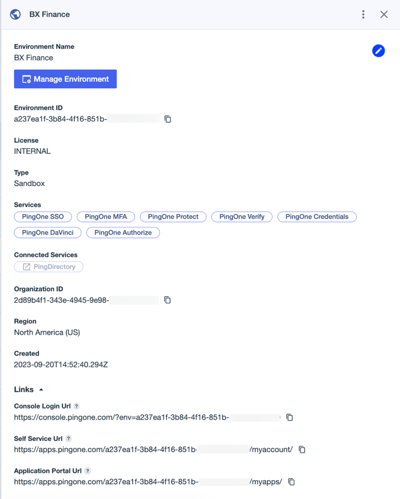 A screenshot of the environment details view for the BX Finance environment