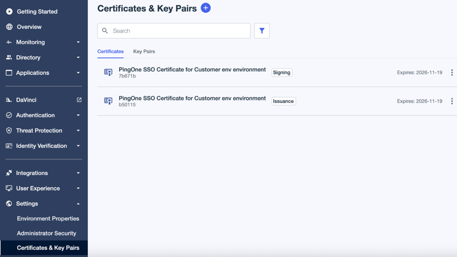 A screenshot of the certificates page.
