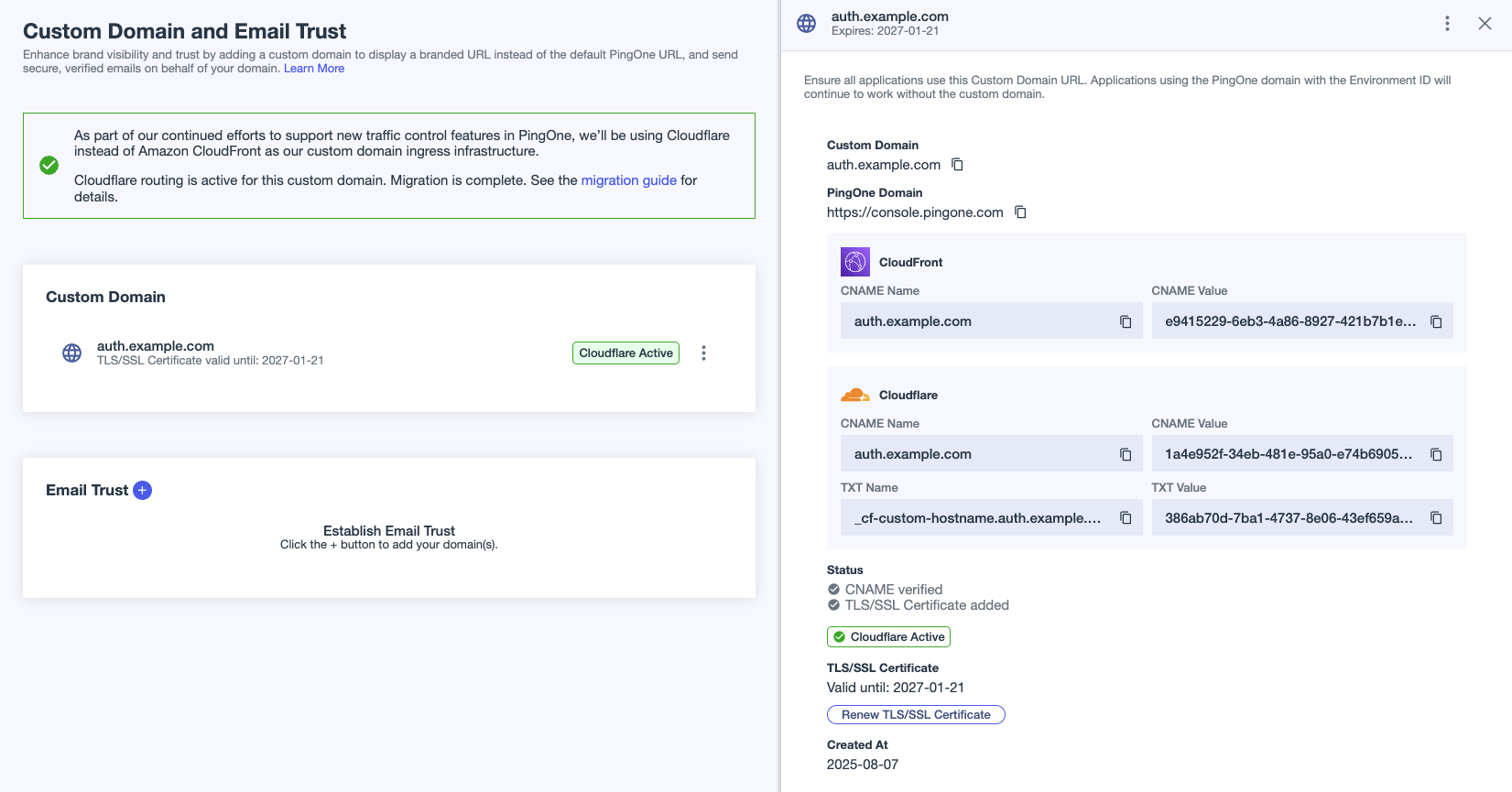 A screen capture of the custom domain details panel showing the Cloudflare Active label