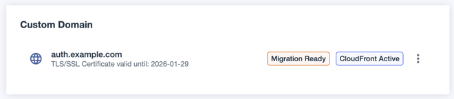 A screen capture of the custom domain entry with the Migration Ready and CloudFront Routing labels.