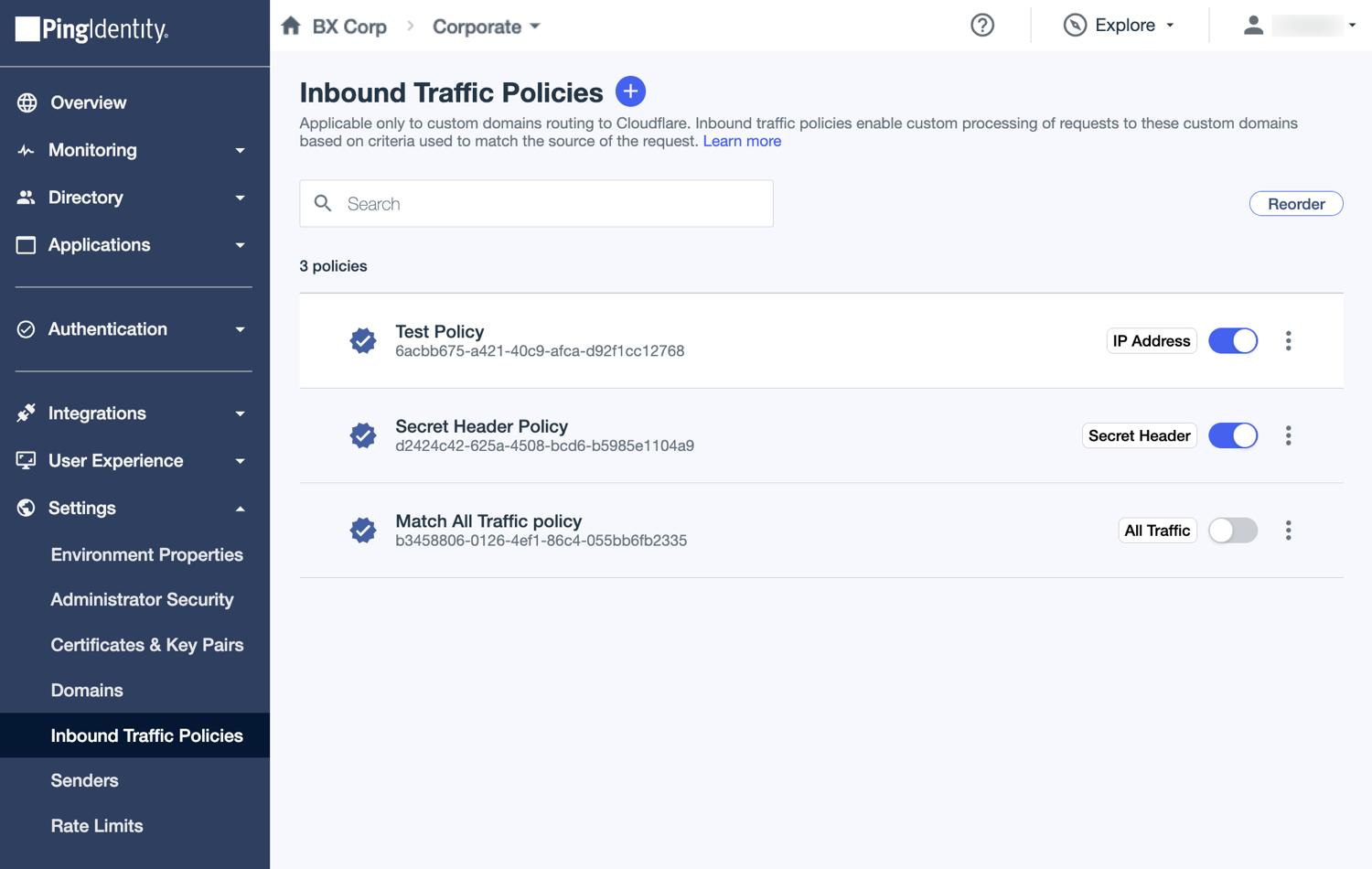 A screenshot of the Inbound Traffic Policies page showing two enabled policies and one disabled policy.