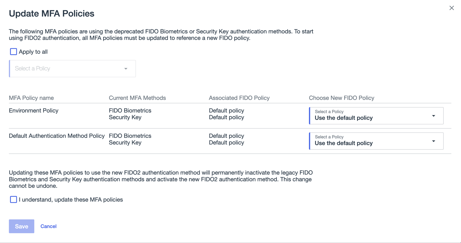 Update MFA policies window listing the MFA policies that reference deprecated FIDO authentication methods and need to be updated to reference enhanced FIDO policies that use the new FIDO2 authentication method