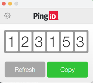 A screen capture of the PingID desktop app showing a one-time passcode, with a Copy and Refresh button