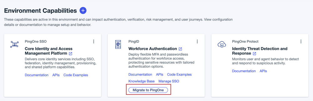 A screenshot of the Environment Capabilities section of the Overview page, showing the PingID service card with the Migrate to PingOne button surrounded by a red box.