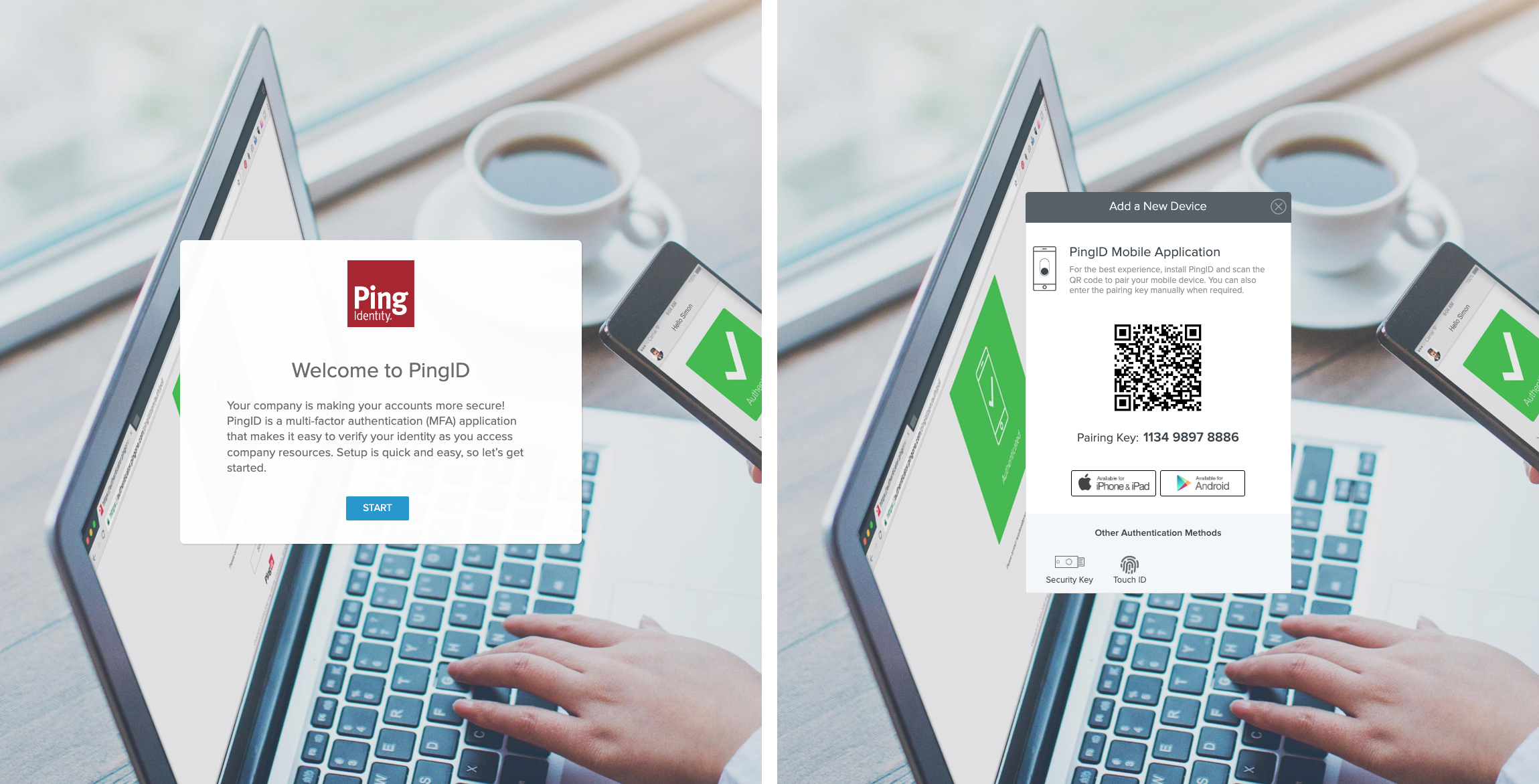 A screen capture of the Welcome to PingID page and then the Add New Device page with a QR code and pairing key.