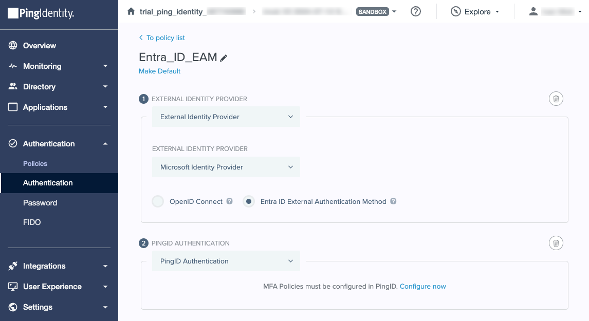 A screen capture of an authentication policy with External IDP as the first step and PingID Authentication as the second step.