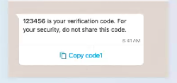 WhatsApp message showing a one-time passcode. The message includes a security message, and the copy code button.