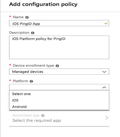 A screen capture of the Add Configuration Policy window with the Platform list expanded to show the options for iOS and Android.