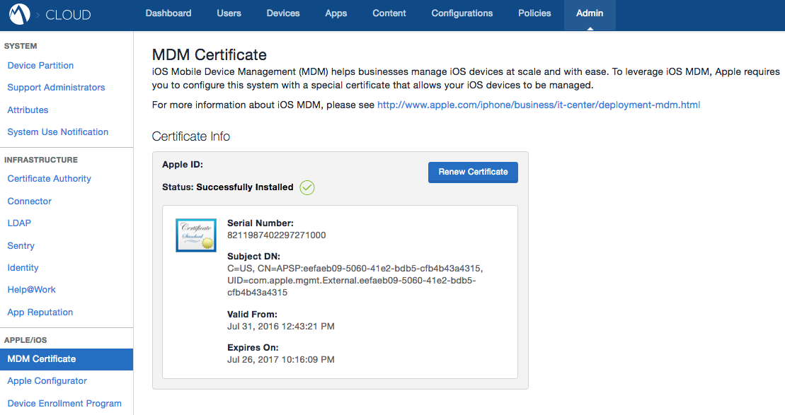 Screen capture of the MDM Certificate window. The Certificate Info is displayed and the status is Successfully Installed. There is a button to Renew Certificate if needed.