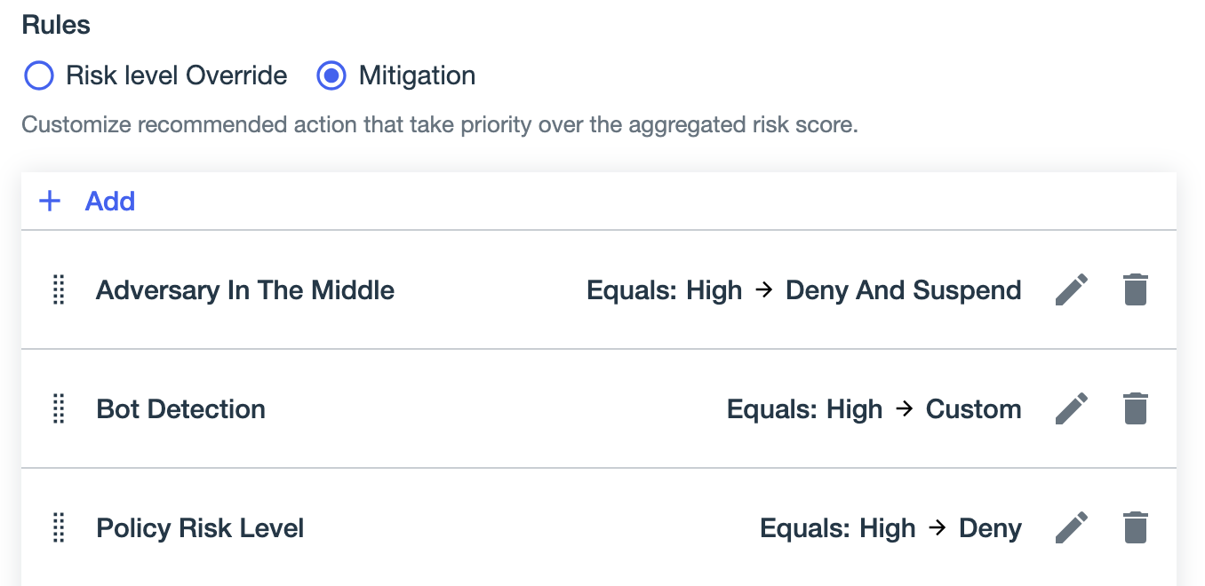A screen capture of three mitigation rules from the described example.