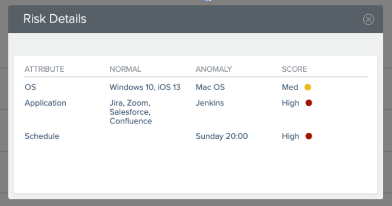 A screen capture of the Risk Details window. There are four columns: Attribute, Normal, Anomaly, and Score.