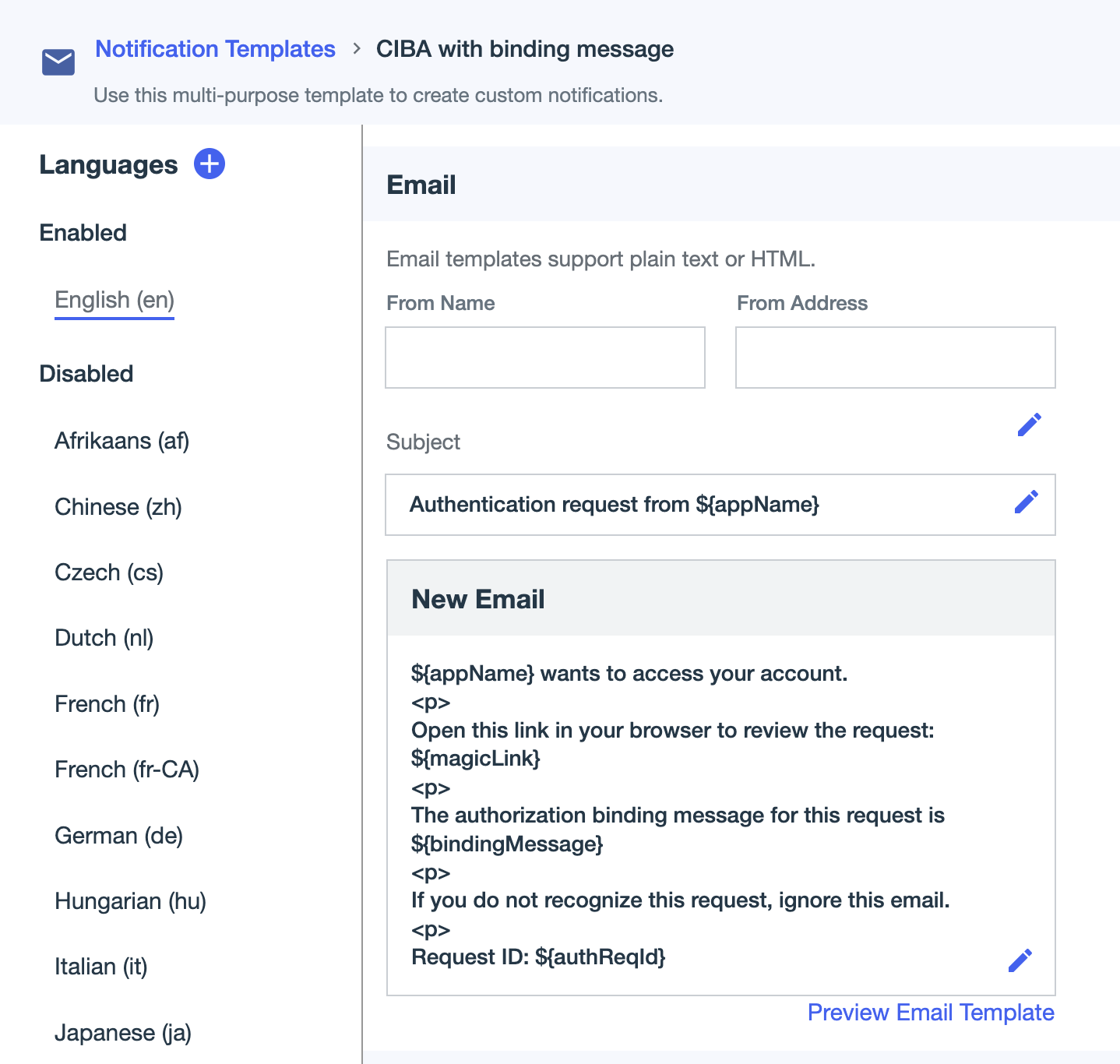 A screen capture of the CIBA email notification template with binding message.